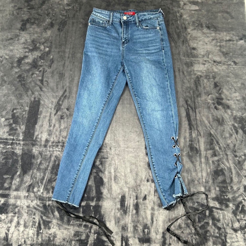 Guess Skinny Jeans Womens 25 Blue Lace Up Ankle Ribbon Raw Hem Q82A01R30L0